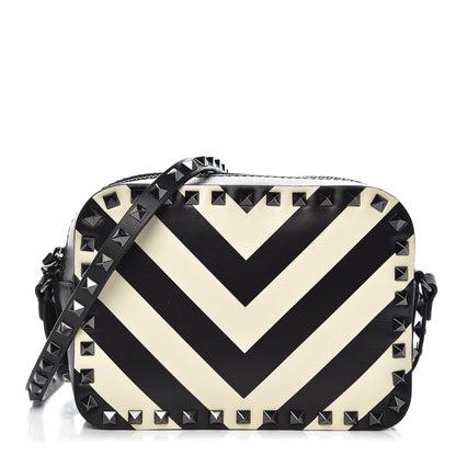 Valentino Garavani Vitello Chevron Rockstud Camera Crossbody Bag Light Ivory Black 1 of 7