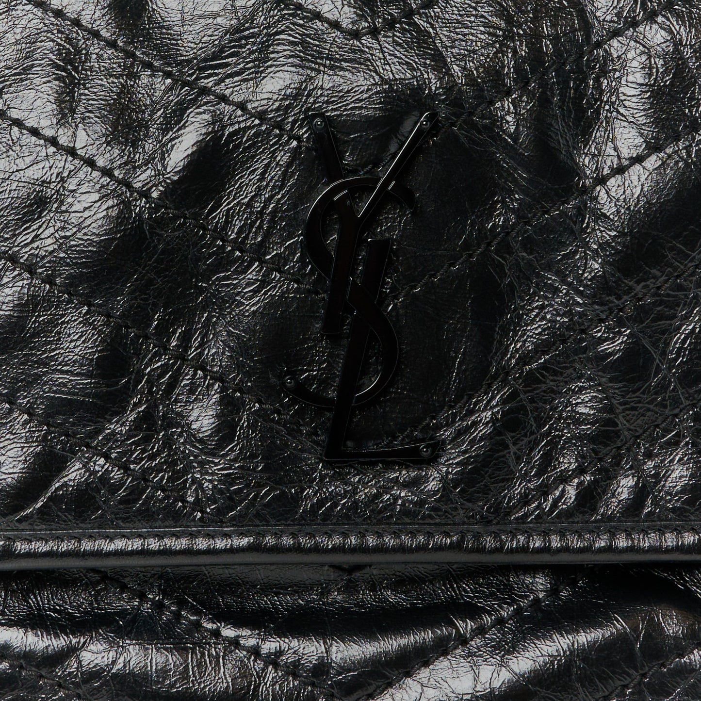 Crinkled Calfskin Matelasse Monogram Medium Niki Chain Satchel Black