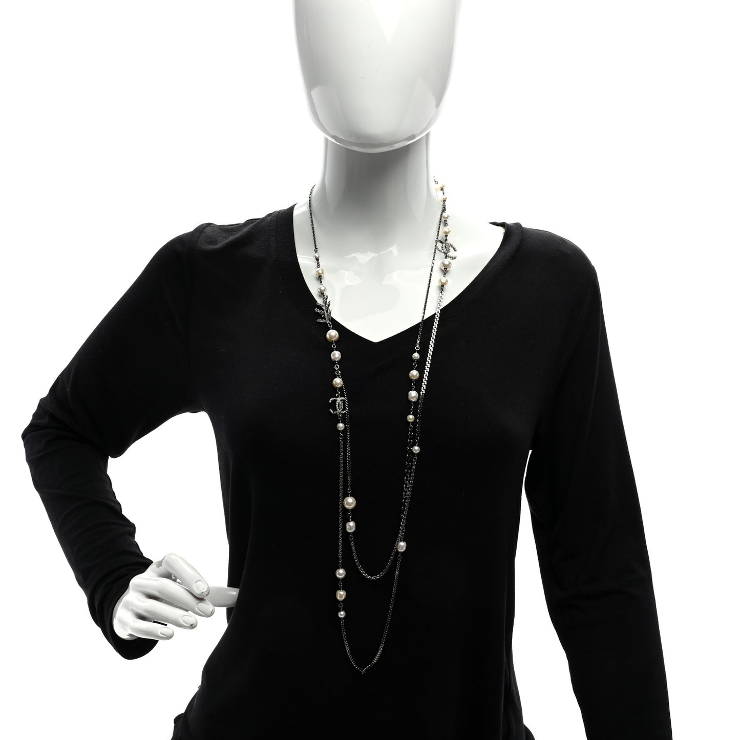 Pearl Bead CC Long Necklace Silver