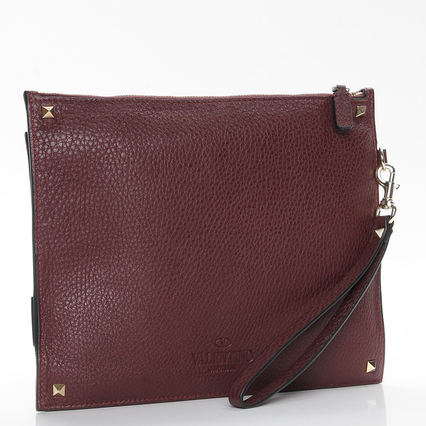 Pebbled Calfskin Rockstud Triple Zip Wristlet Pouch Burgundy