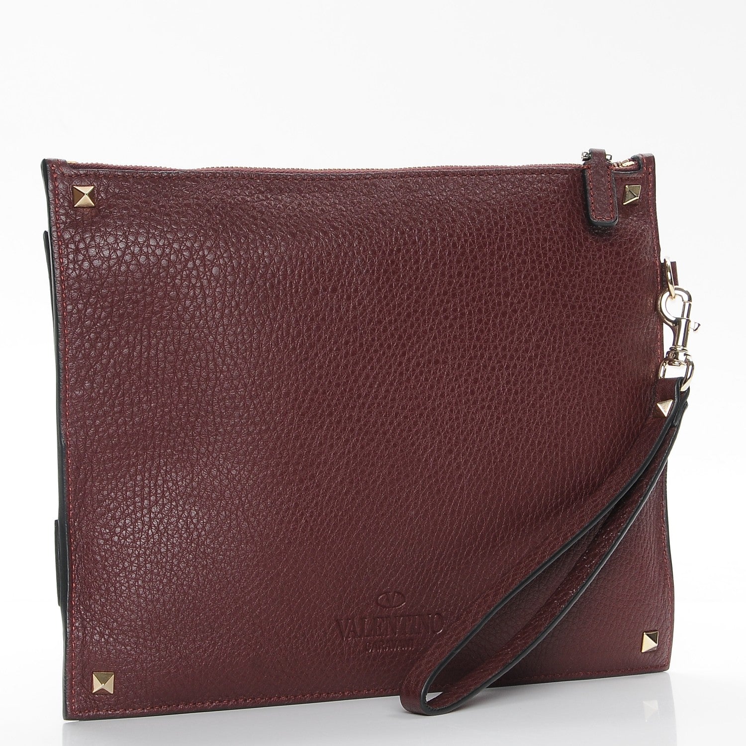 Valentino Garavani Pebbled Calfskin Rockstud Triple Zip Wristlet Pouch Burgundy 3 of 8