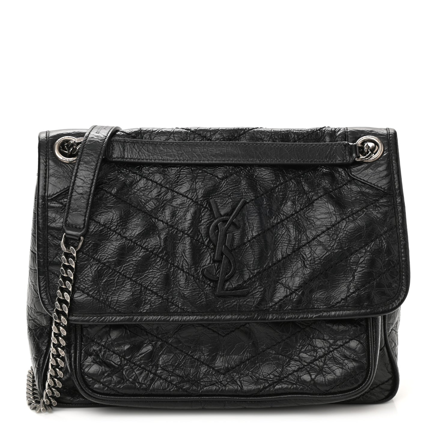 Crinkled Calfskin Matelasse Monogram Medium Niki Chain Satchel Black