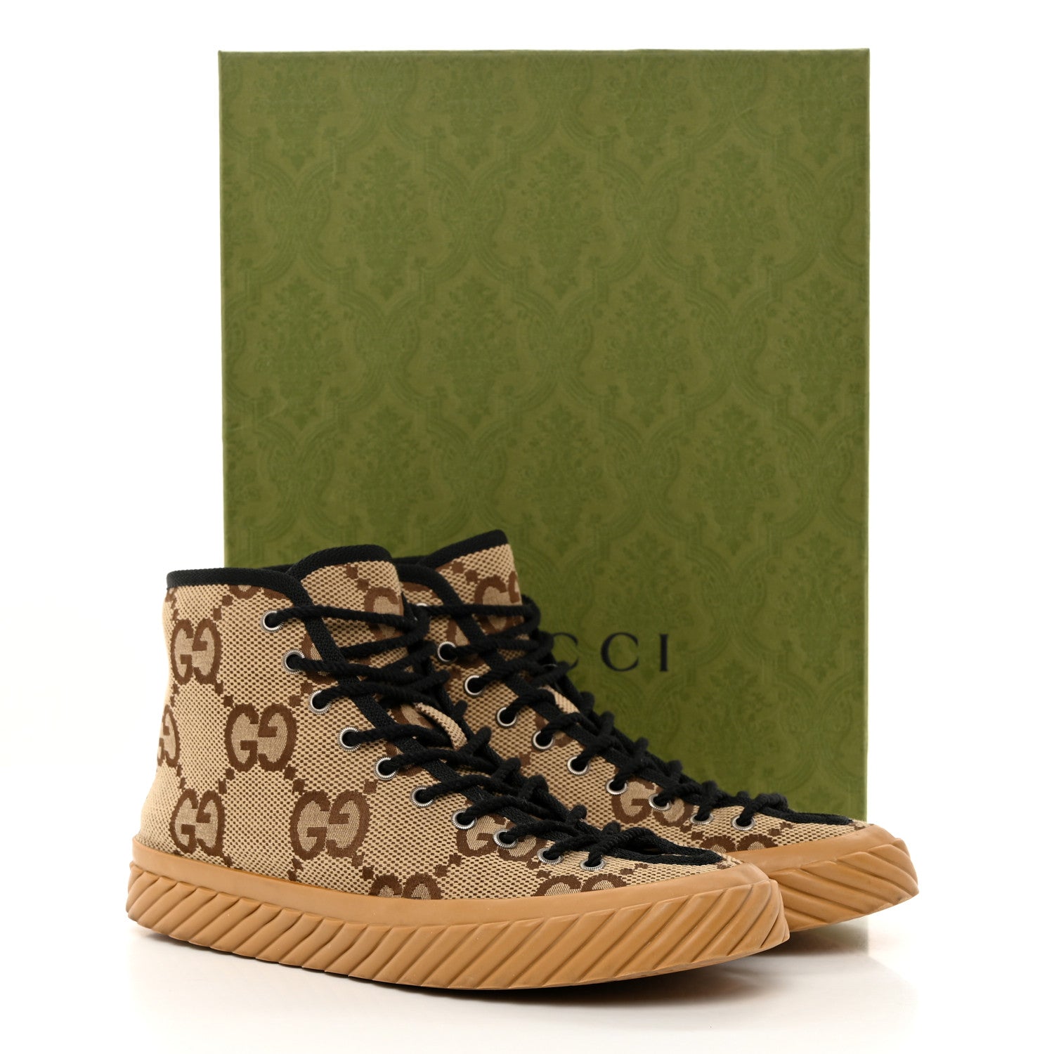 Gucci Monogram Jumbo GG New Lace Papin Mens Tortuga High Top Sneakers 10 Camel Ebony Black 9 of 9