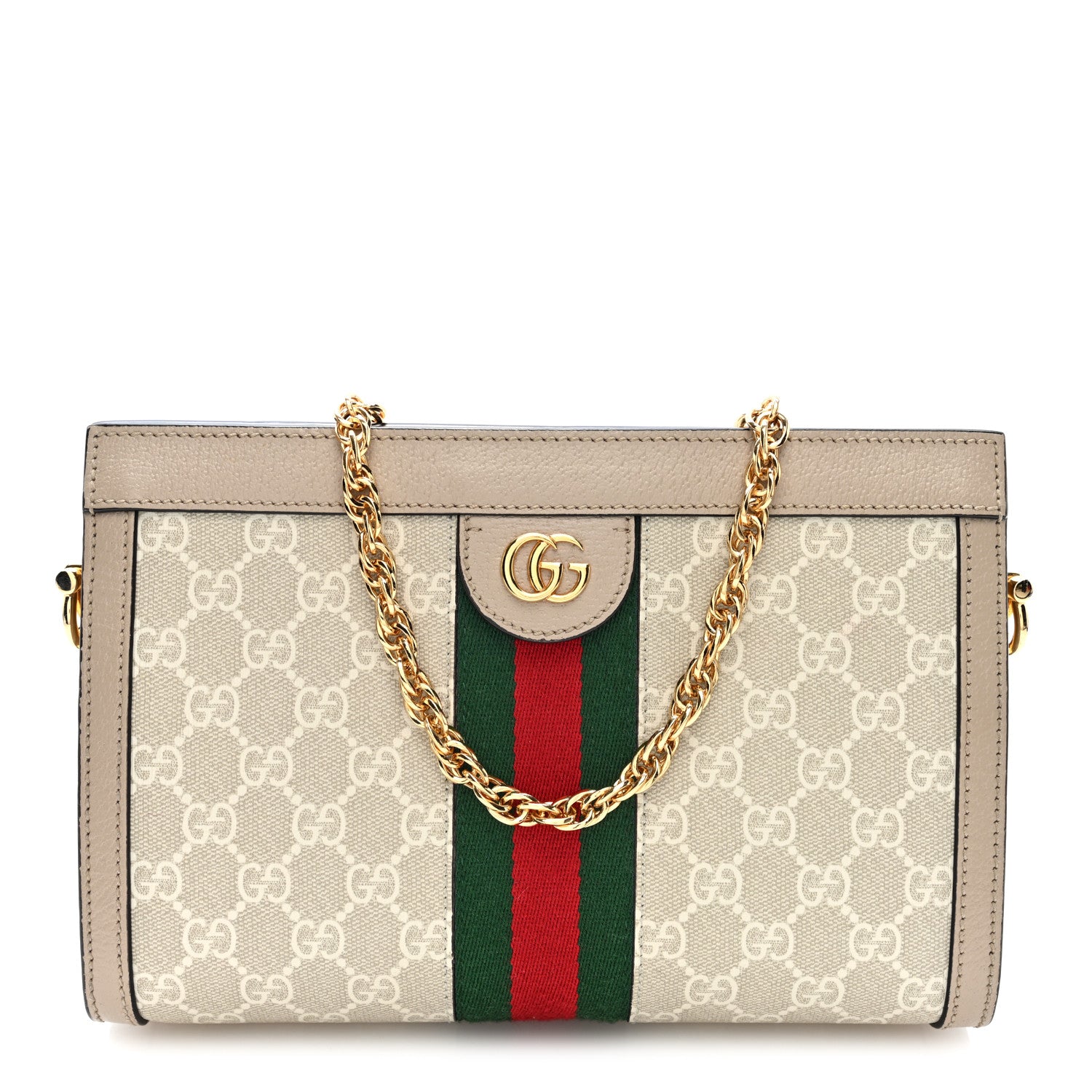 Gucci GG Supreme Monogram Textured Dollar Calfskin Web Small Ophidia Chain Shoulder Bag Beige Mystic White Oatmeal 1 of 10