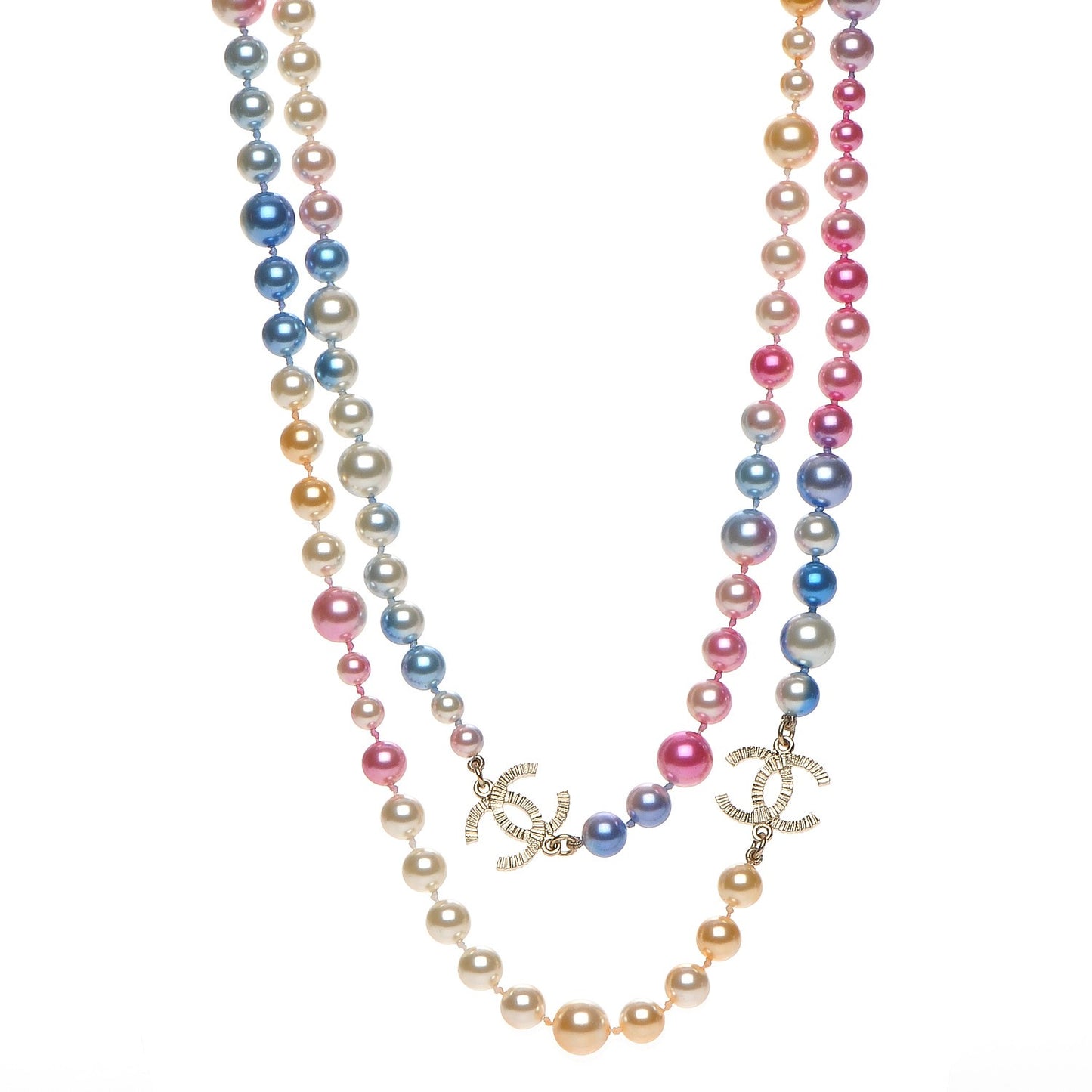 Beaded Pearl CC Long Strand Necklace Gold Multicolor
