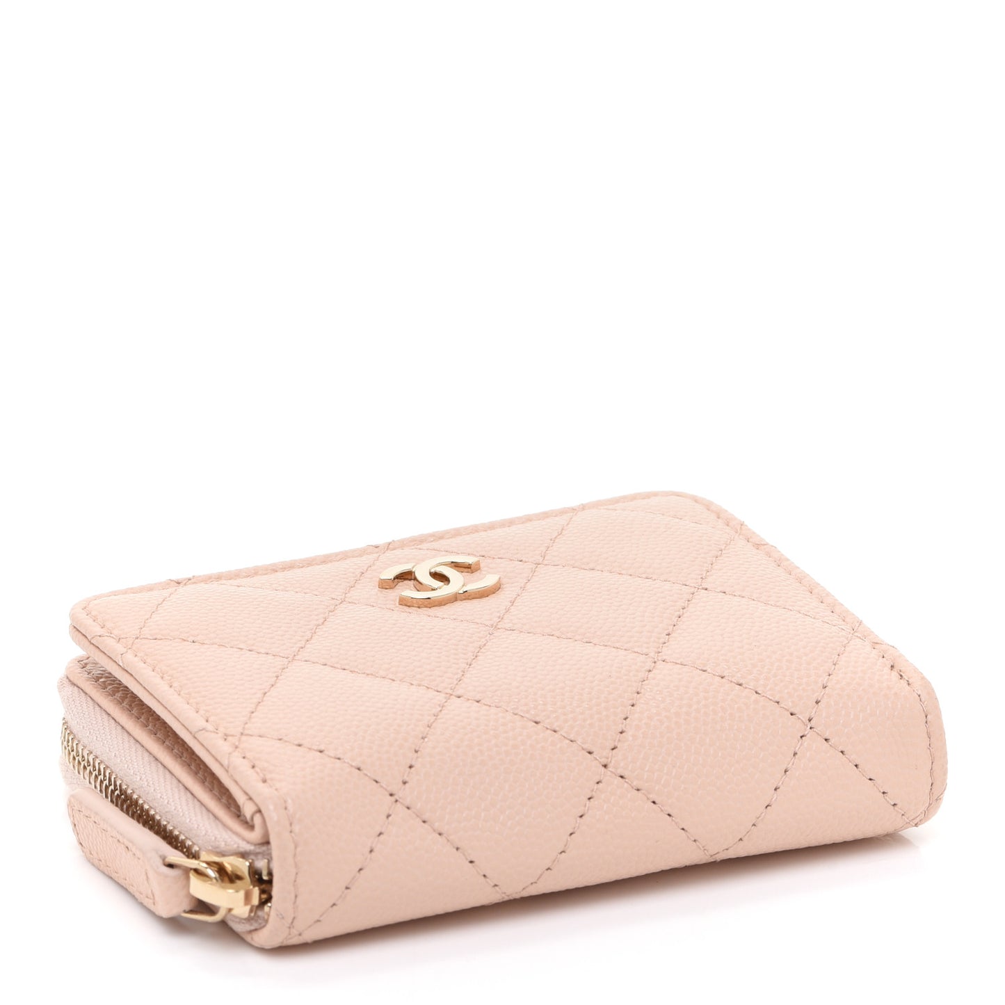 Caviar Quilted Compact Zipped Wallet Beige