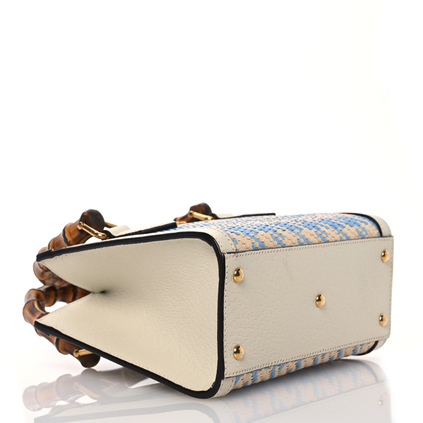 Raffia Textured Dollar Calfskin Web Houndstooth Mini Diana Tote Bag Light Blue Natural Deep Orange