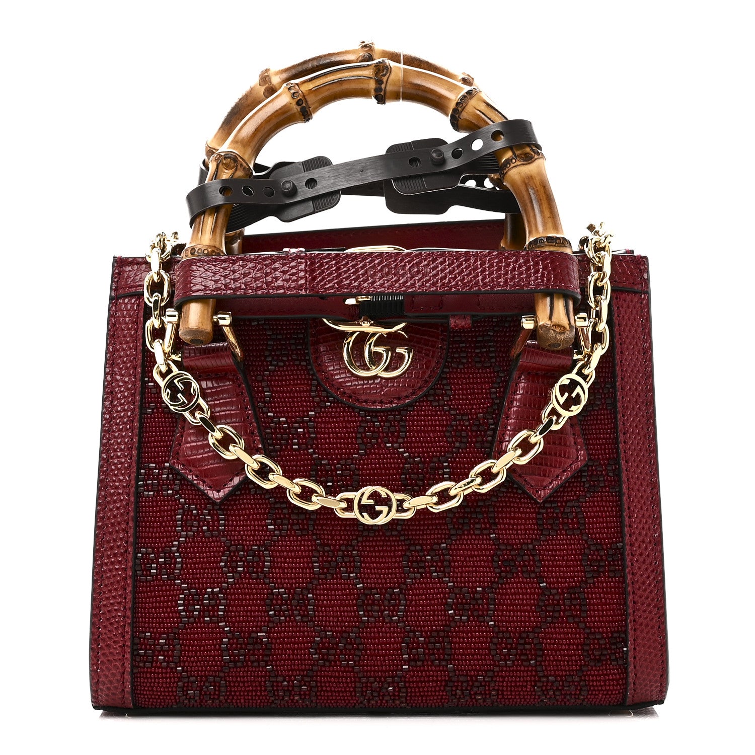 Gucci Moire Fabric Calfskin Rhinestone Monogram Monochrome Lizard Embossed Mini Diana Tote Bag Red 1 of 10