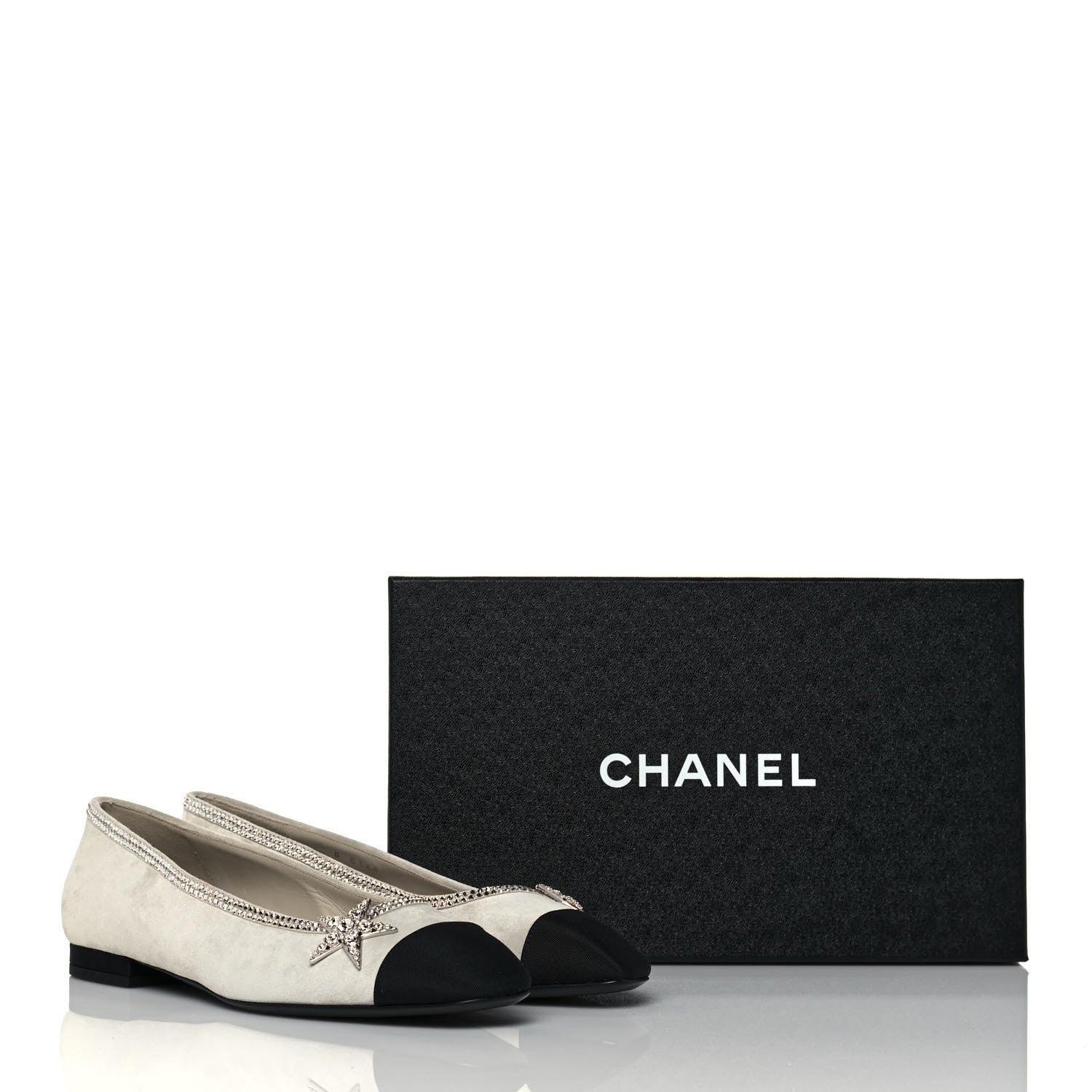 Chanel Suede Calfskin Grosgrain Crystal Star Ballerina Flats 38.5 Gray Black 9 of 9