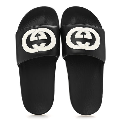 Gucci Nappa Miro Soft Calfskin Womens Interlocking G Slide Sandals 38 Black White 2 of 11