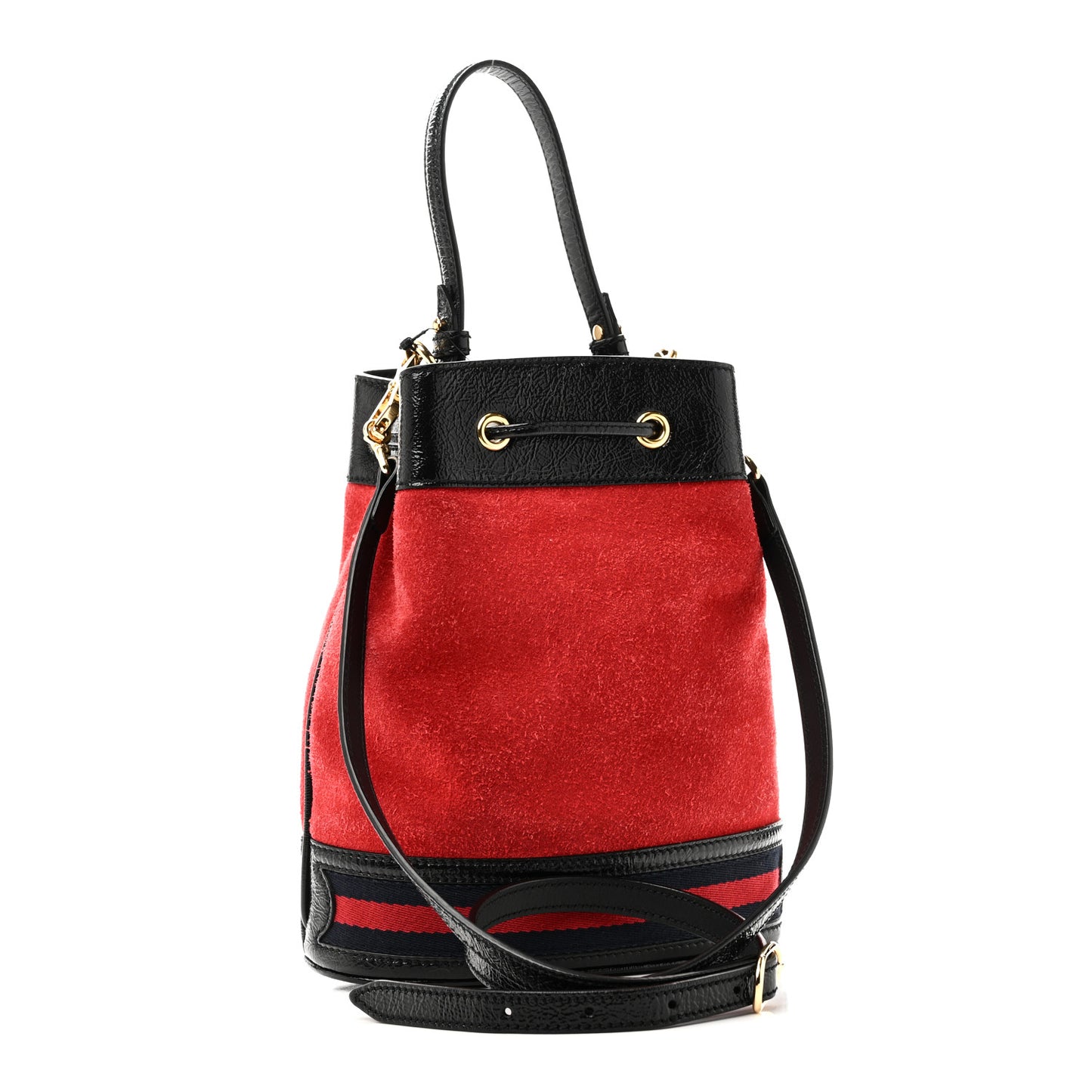 Suede Patent Web Small Ophidia Bucket Bag Hibiscus Red Black