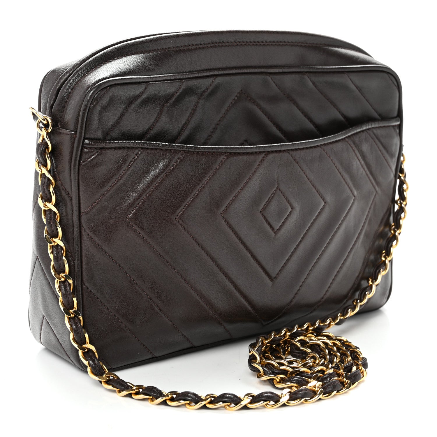 Chanel Lambskin Chevron Quilted Tassel Camera Case Brown 3 of 11