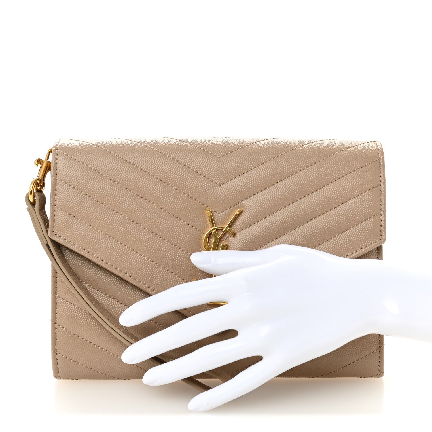 Saint Laurent Grain De Poudre Matelasse Chevron Monogram Envelope Clutch Dark Beige 2 of 11