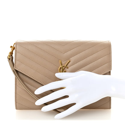 Saint Laurent Grain De Poudre Matelasse Chevron Monogram Envelope Clutch Dark Beige 2 of 11