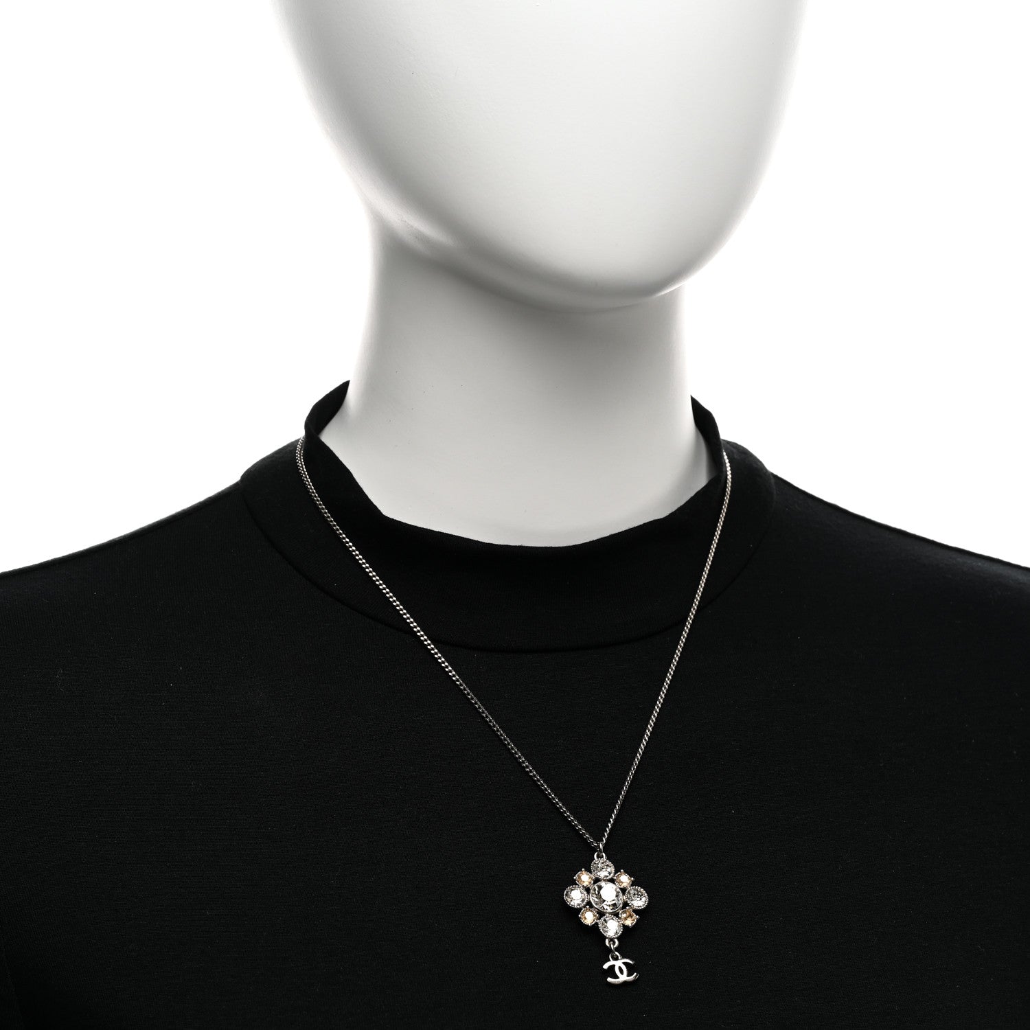 Chanel Crystal CC Drop Pendant Necklace Silver 2 of 5