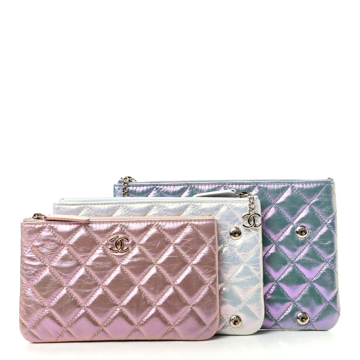 Iridescent Crumpled Calfskin Trio Cosmetic Case Blue Pink Ivory