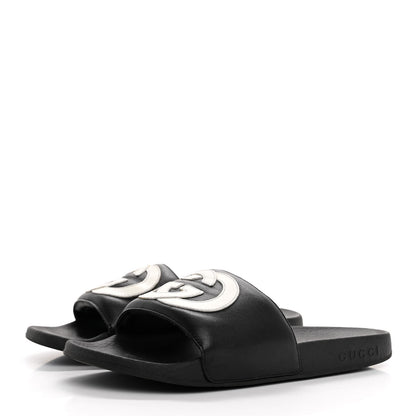 Gucci Nappa Miro Soft Calfskin Womens Interlocking G Slide Sandals 37 Black White 4 of 12