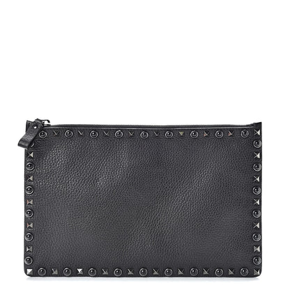 Valentino Garavani Pebbled Calfskin Onyx Large Rockstud Rolling Zip Pouch Black 1 of 7