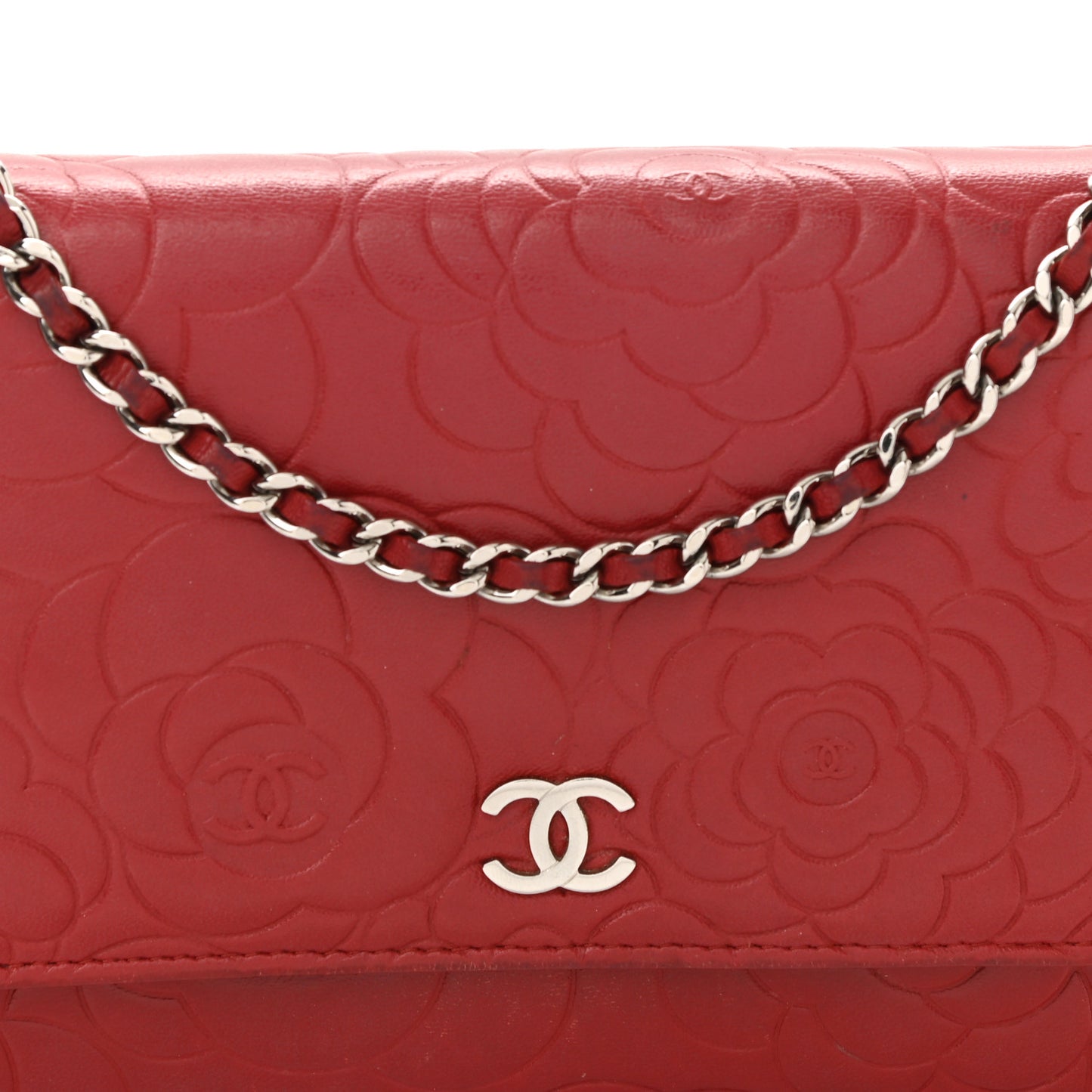 Lambskin Camellia Embossed Wallet On Chain WOC Red