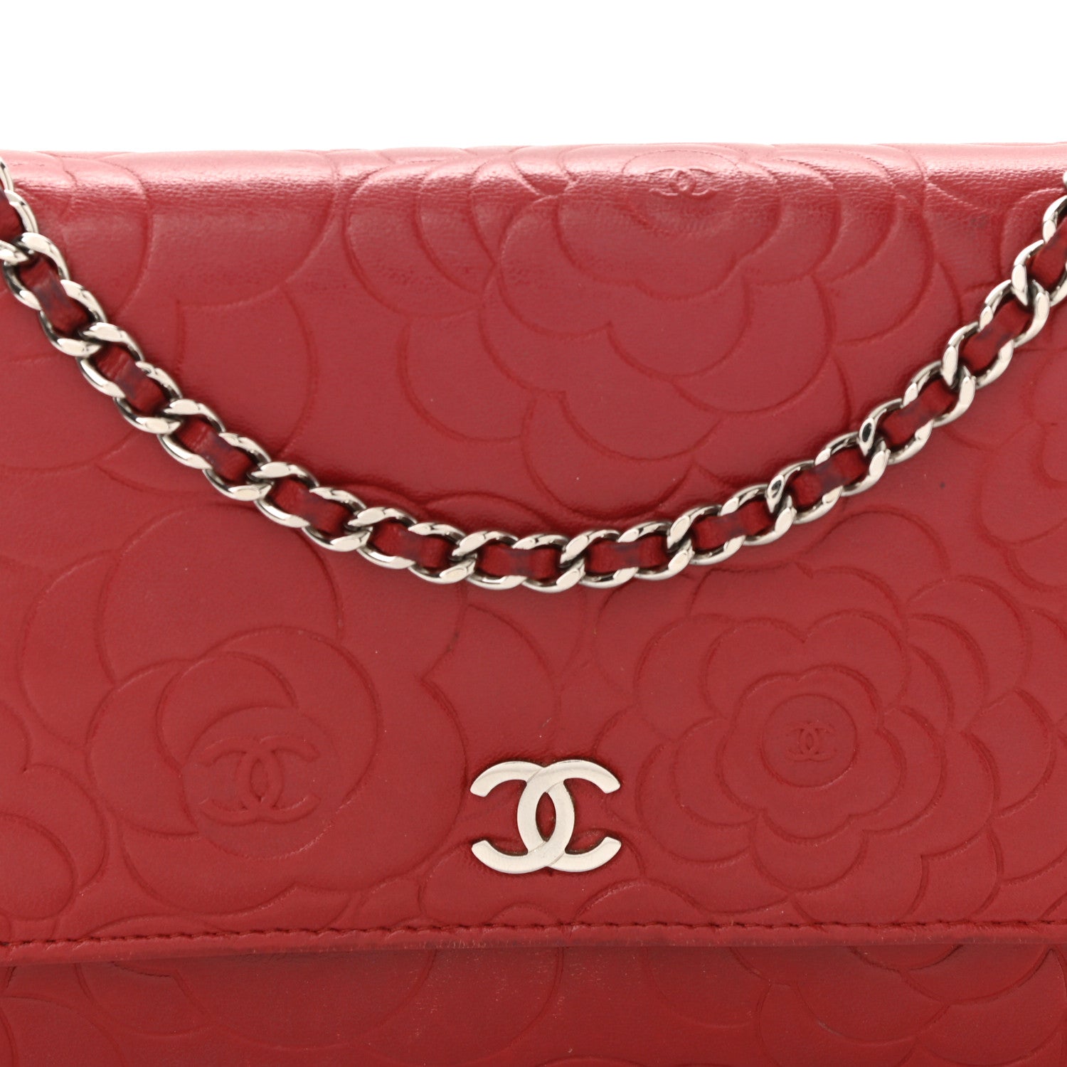 Chanel Lambskin Camellia Embossed Wallet On Chain WOC Red 9 of 13
