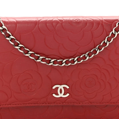 Chanel Lambskin Camellia Embossed Wallet On Chain WOC Red 9 of 13