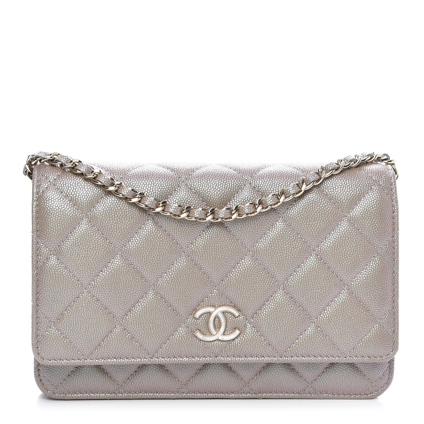 Iridescent Caviar Quilted Wallet On Chain WOC Beige
