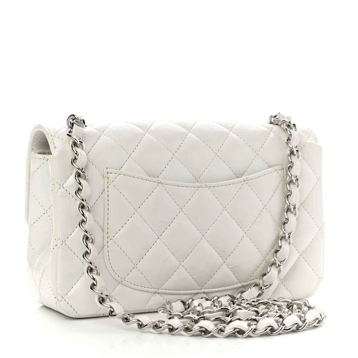 Iridescent Crumpled Calfskin Quilted Mini Rectangular Flap White