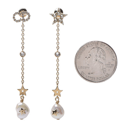 Christian Dior Pearl Crystal Shiny-D Dangle Chain Earrings Gold 2 of 5