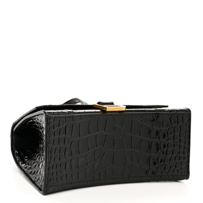 Balenciaga Shiny Calfskin Crocodile Embossed Small Hourglass Top Handle Bag Black 3 of 8