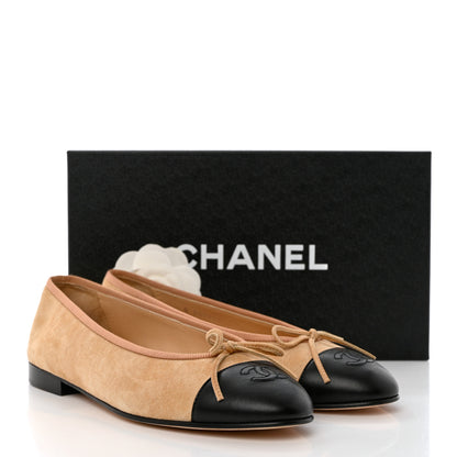 Chanel Suede Cap Toe CC Ballerina Flats 38.5 Beige Black 12 of 12