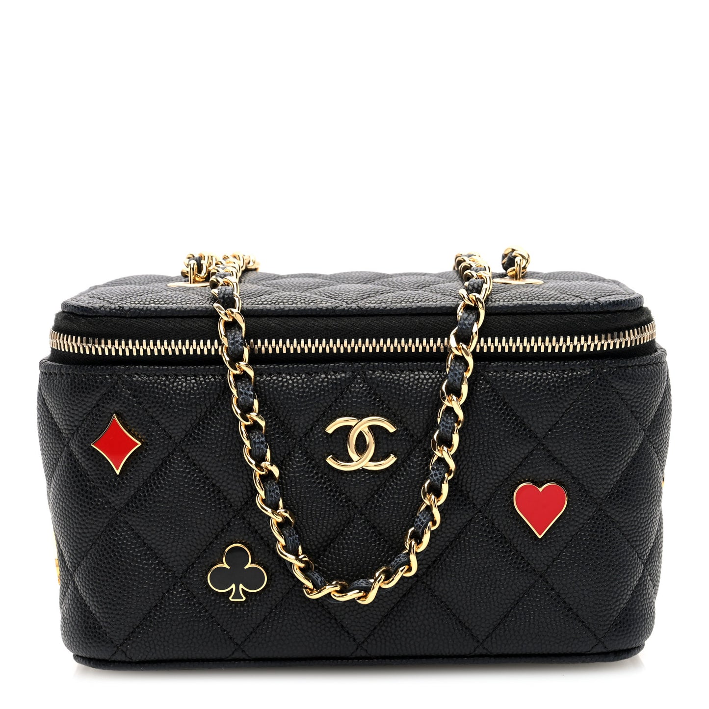Caviar Quilted Enamel Coco Casino Small Vanity Case With Chain Black