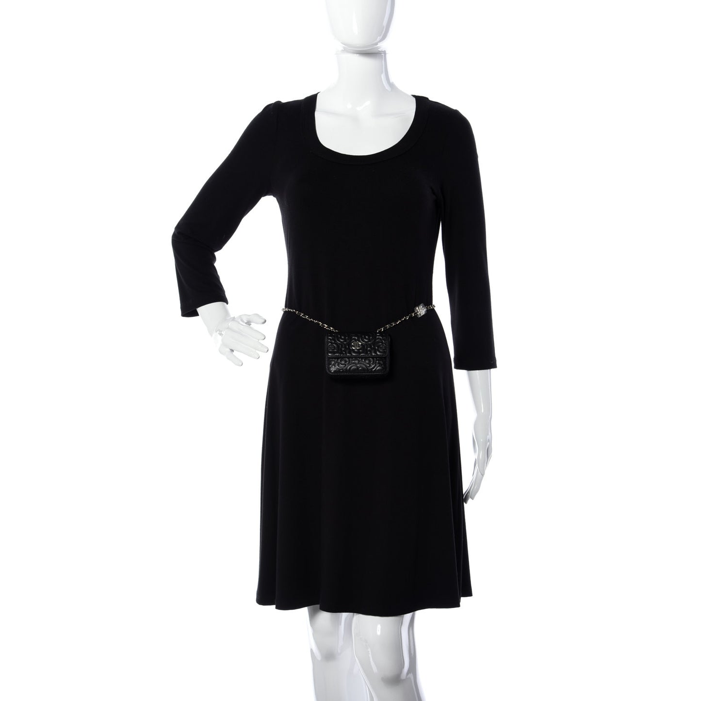 Lambskin Camellia Embossed Chain Belt Bag Black