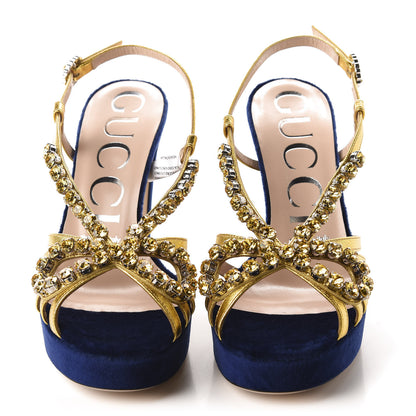 Gucci Velvet Nappa Crystal Zephyra Slingback Platform High Heel Sandals 36 Blue Gold 2 of 9