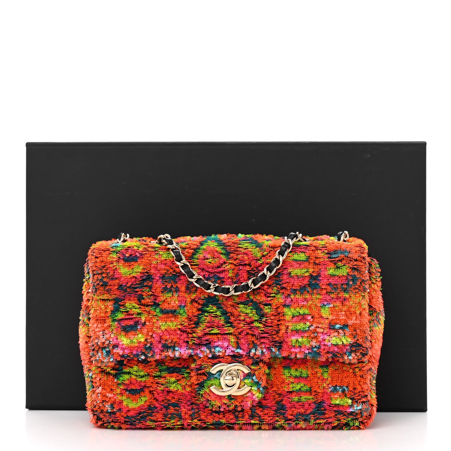 Chanel Sequin Logo Single Flap Orange Turquoise Pink 1456857
