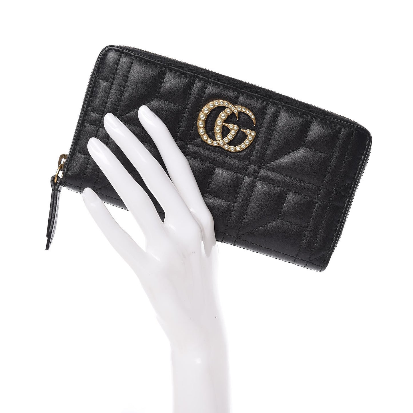 Calfskin Matelasse Pearly GG Marmont Zip Around Wallet Black
