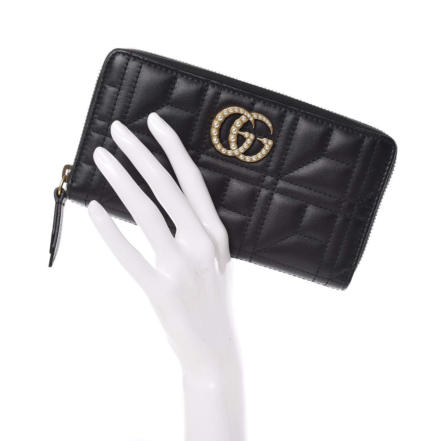 Gucci Calfskin Matelasse Pearly GG Marmont Zip Around Wallet Black 2 of 10
