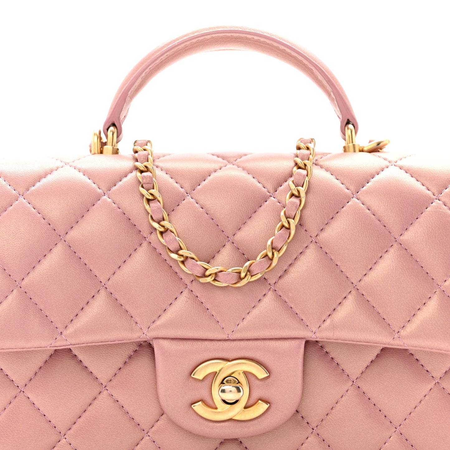 Iridescent Lambskin Quilted Mini Top Handle Rectangular Flap Pink