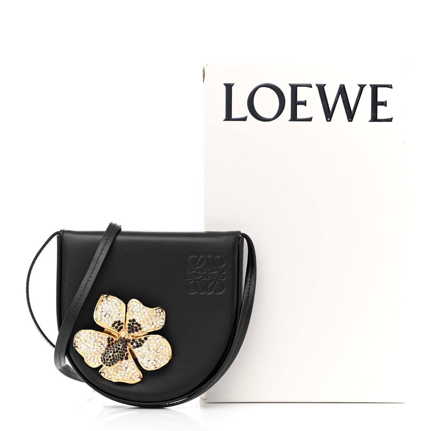 Calfskin Crystal Flower Mini Heel Pouch Black