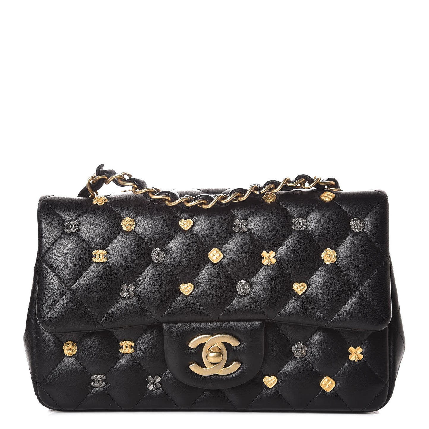 Lambskin Quilted Studded Mini Rectangular Flap Black