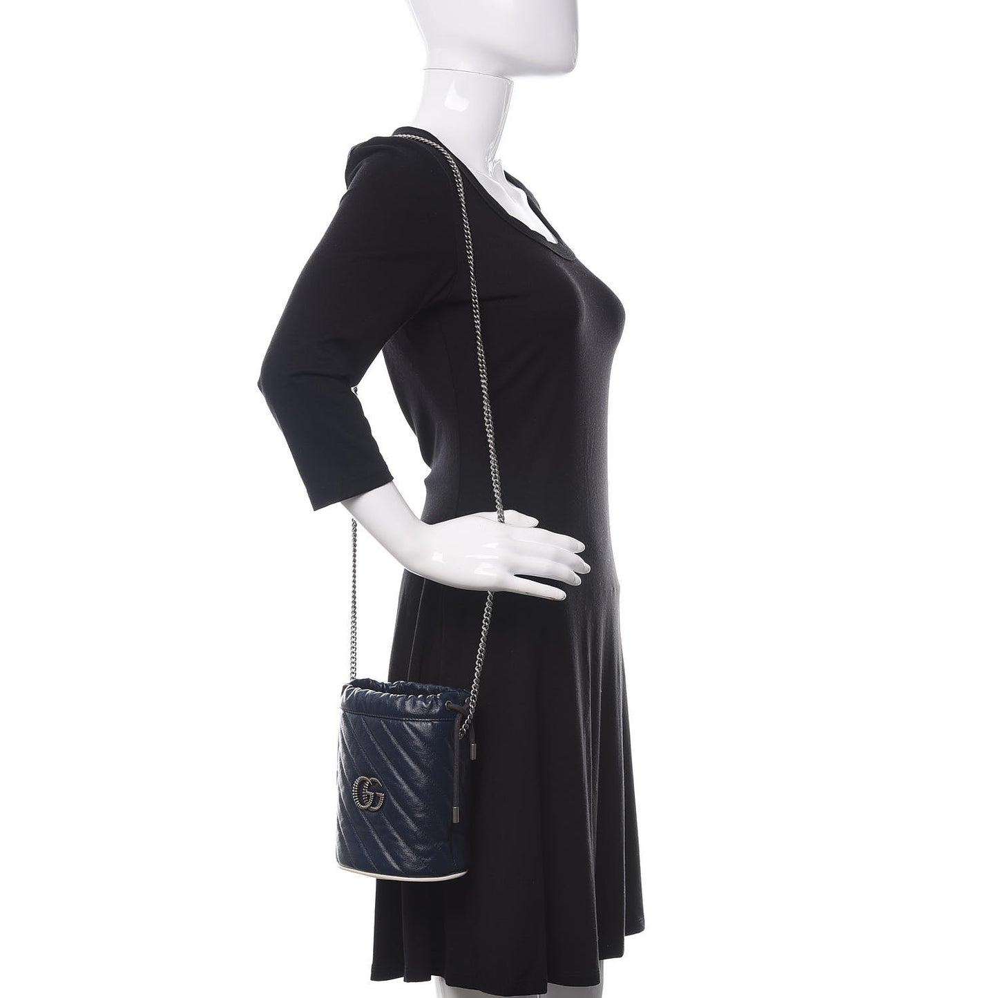 Vintage Effect Calfskin Matelasse Diagonal Mini Torchon GG Marmont 2.0 Bucket Bag Blue Agata Mystic White