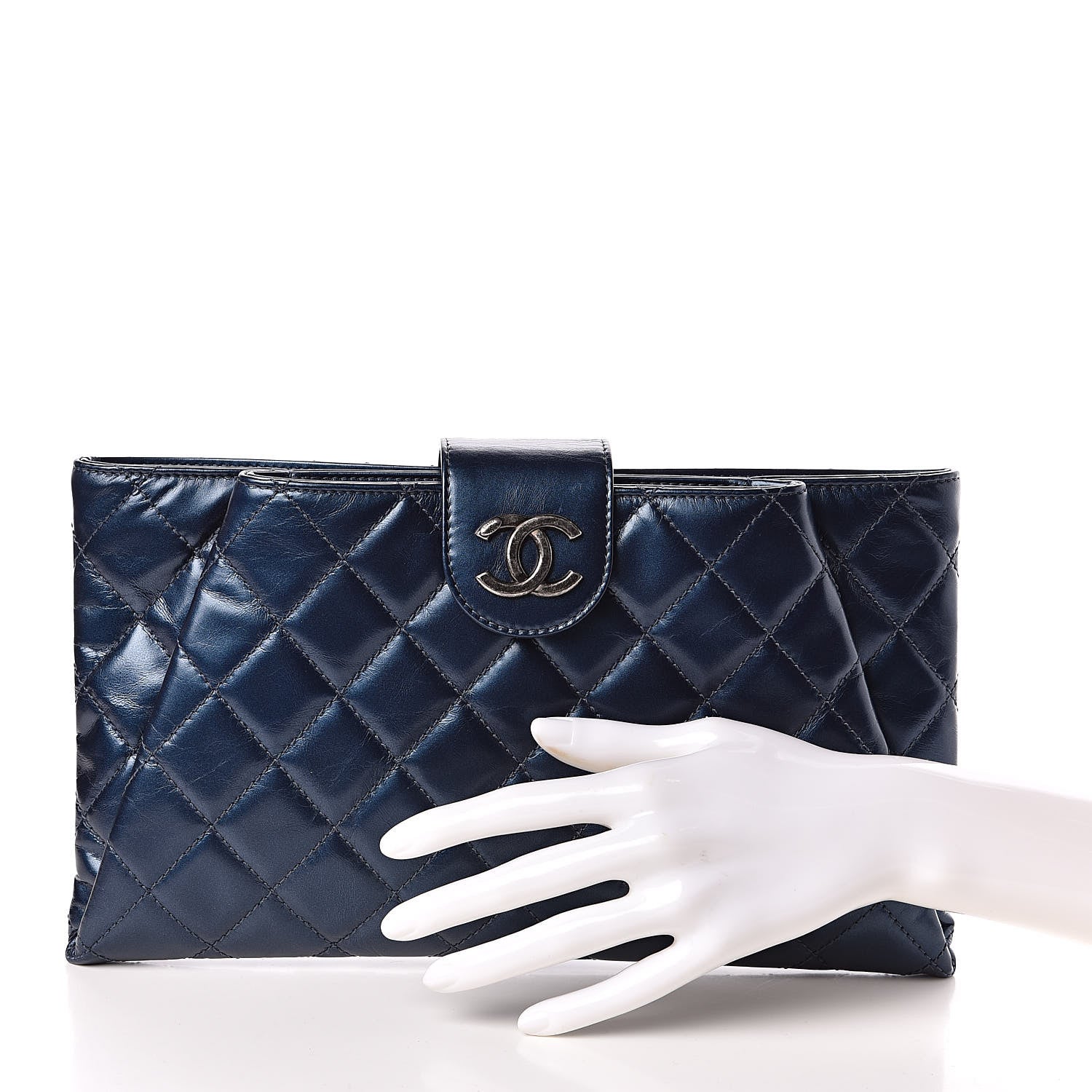 Chanel Glazed Calfskin Quilted Coco Pleats Clutch Navy 2 of 8
