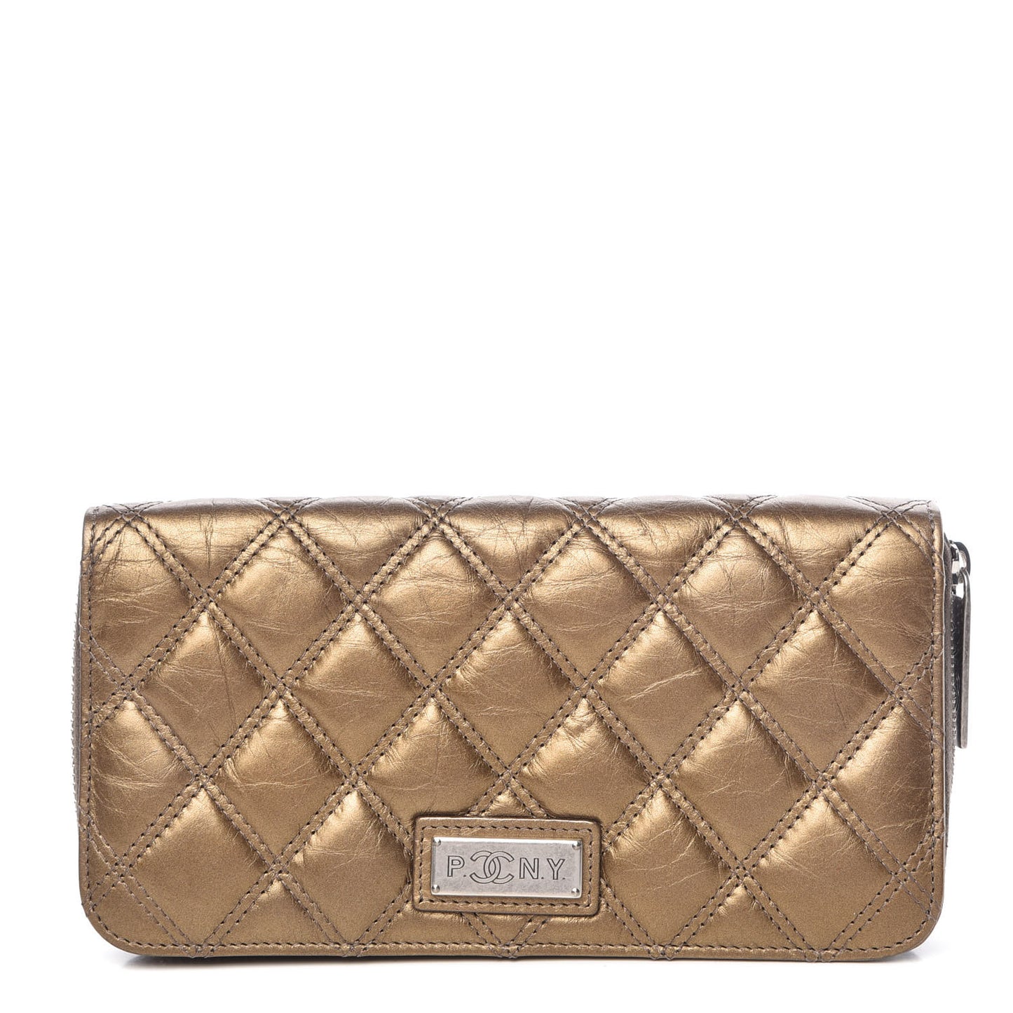 Metallic Aged Calfskin Quilted Paris New York PNY Wallet Dark Gold