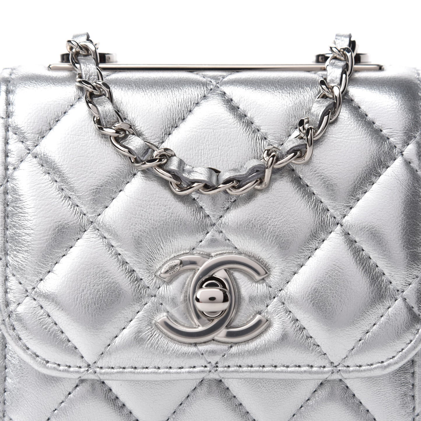 Metallic Lambskin Quilted Mini Trendy CC Clutch With Chain Silver