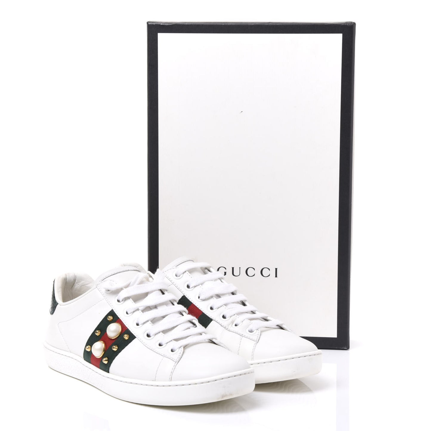 Calfskin Web Pearl Studded Womens Ace Sneakers 35.5 White