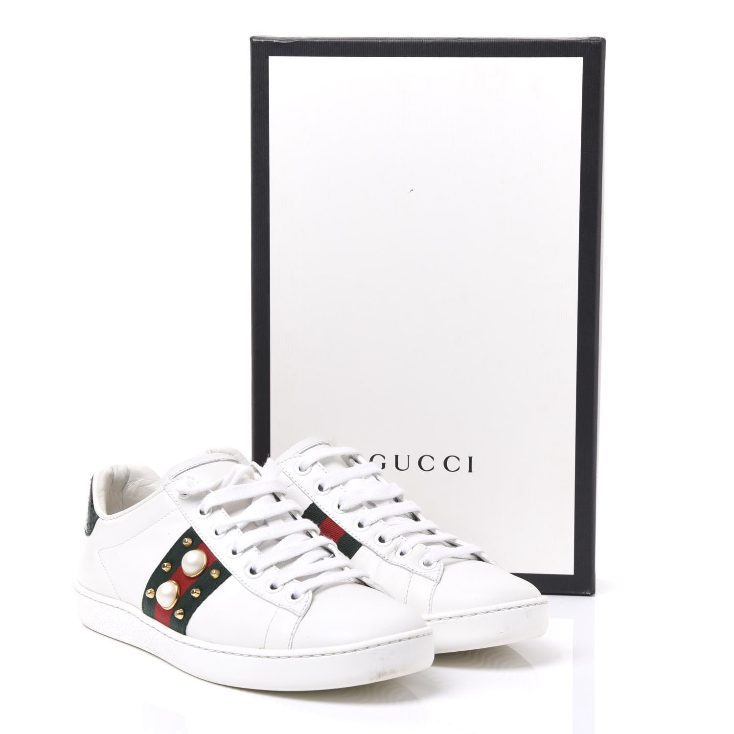 Gucci Calfskin Web Pearl Studded Womens Ace Sneakers 35.5 White 9 of 9