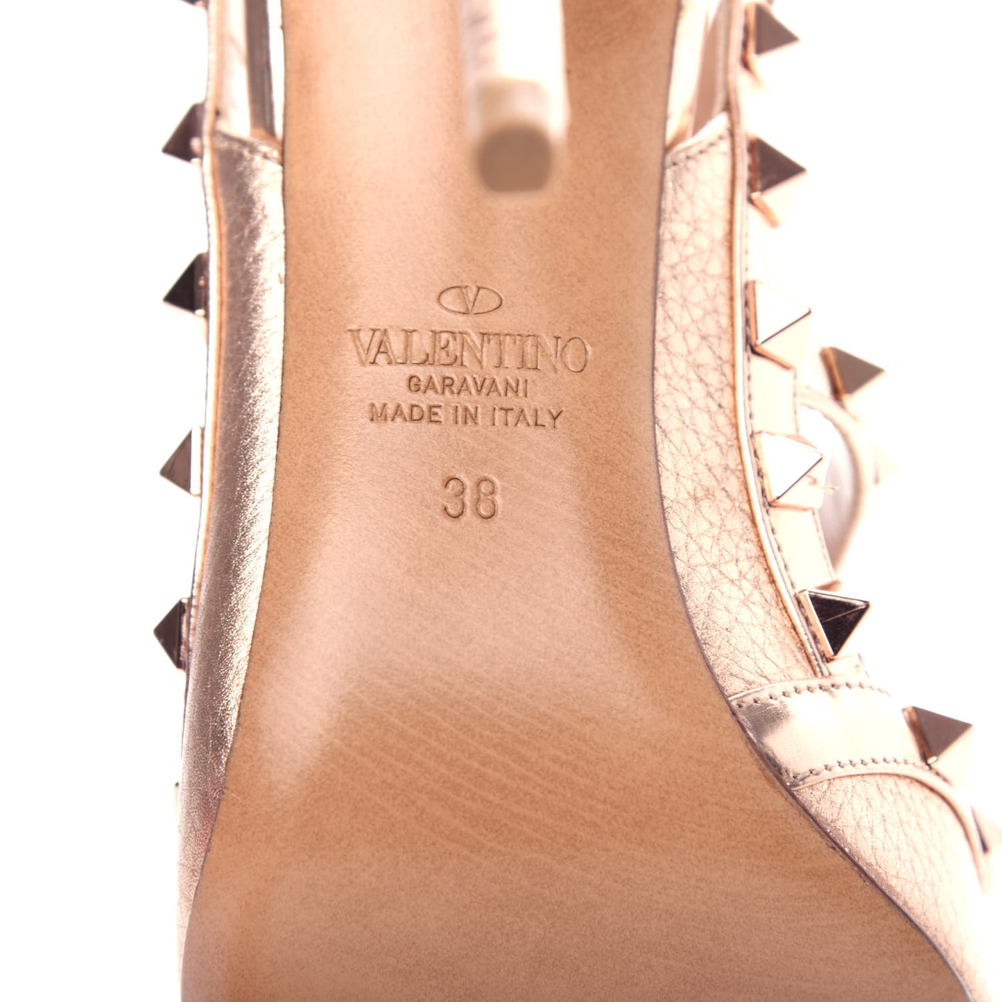 Metallic Pebbled Calfskin Rockstud Ankle Strap 100mm Pumps 38 Rame