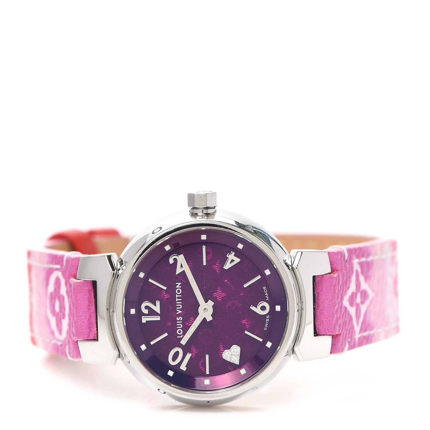 Louis Vuitton Stainless Steel Monogram Diamond 28mm Tambour Quartz Watch Purple 2 of 4