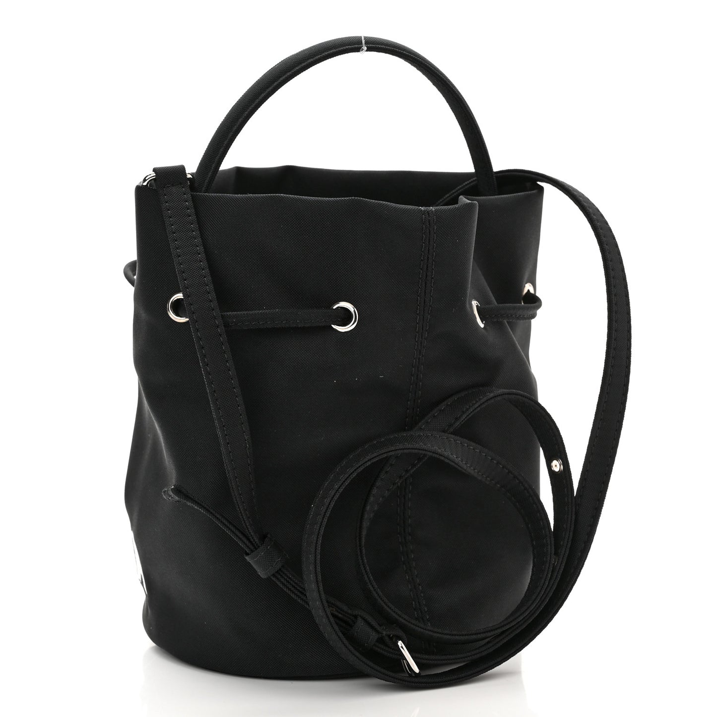 Recycled Sport Nylon Logo Embroidered Wheel Drawstring Bucket Bag XS Black