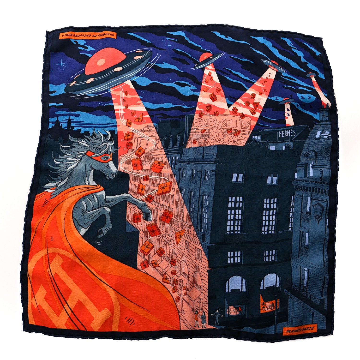 Hermes Silk Space Shopping Au Faubourg Pocket Square Marine Orange Violet 1 of 4