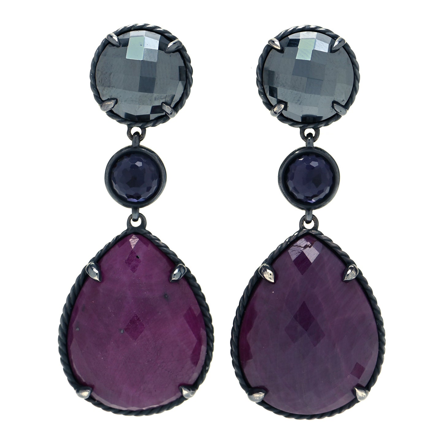Sterling Silver Red Ruby Hematine Black Orchid Moonlight Chatelaine Triple Drop Earrings